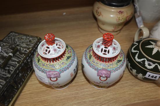 A pair of Chinese famille rose vases and covers, 20th century height 18.5cm